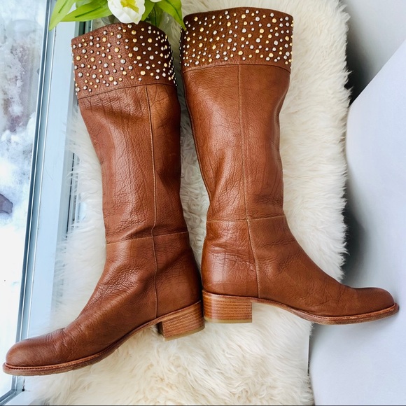 CASADEI Brown Leather Bling Knee High Riding Boots - Picture 8 of 16